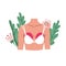 Breast pain vector illustration concept. Female chest wearing brassiere surrounded nature flowers. Mastalgia design