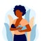 Breastfeeding, black mother feeding newborn baby with breast in hands. Child boy drinks milk from the female breast