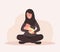 Breastfeeding concept. Young islamic mother nursing newborn baby. Natural feeding, happy motherhood. Vector illustration