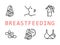 Breastfeeding flat line icon set. Vector illustration lactation. Included nipple shield, nursing clothes, correct