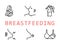 Breastfeeding flat line icon set. Vector illustration lactation. Included nipple shield, nursing clothes, mastitis