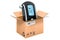 Breathalyzer, portable breath alcohol tester inside cardboard box, delivery concept. 3D rendering