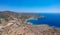 Breathtaking aerial panoramic view over Chora, Kythera by the Castle at sunset. Majestic scenery over Kythera island in Greece,