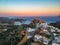 Breathtaking aerial panoramic view over Chora, Kythera by the Castle at sunset. Majestic scenery over Kythera island in Greece,