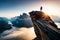 A breathtaking aerial view of a climber perched on a steep rock face, overlooking a rugged mountain landscape