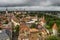 Breathtaking aerial view of the medieval towers and the old town of Tallinn, Estonia, from the top of the St. Olav`s bell tower