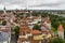 Breathtaking aerial view of the medieval towers and the old town of Tallinn, Estonia, from the top of the St. Olav`s Church bell t