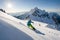 A breathtaking aerial view of a snowboarder carving through fresh powder