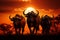 Breathtaking african landscape. magnificent sunset with buffaloes grazing in the golden savannah