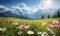 Breathtaking alpine landscape with vibrant wildflowers in the foreground and majestic mountains behind. Created by AI tools