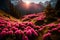 A breathtaking alpine meadow on a sunny summer day, where pink rhododendron flowers blanket the landscape
