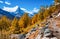 Breathtaking autumn scenery of famous alp peak Matterhorn. Swiss Alps, Valais, Switzerland