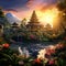 Breathtaking Balinese Temple in Lush Greenery and Serene River