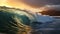 Breathtaking and captivating scene of a breaking and cascading multi hued ocean wave at sunset