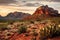 A breathtaking desert landscape with a towering mountain serving as a stunning backdrop., A rugged Western landscape with red rock