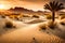 A breathtaking desert oasis with a palm-fringed lagoon nestled amidst towering sand dunes, kissed by the golden light of the