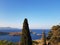 Breathtaking drone view of beautiful green trees growing on shore of amazing blue sea against cloudless blue sky.