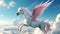 A breathtaking and ethereal pink pegasus with feathers, gliding through