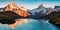 Breathtaking evening panorama of Bachalp lake/Bachalpsee, Switzerland. Exciting autumn sunset in Swiss alps, Grindelwald, Bernese