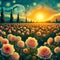 A breathtaking field of rose, with a sunset retro, tree, in a painting of Van Gogh style, nature art