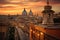 This breathtaking image captures the awe-inspiring sight of a city at sunset, as seen from a balcony., Rome, Italy city view, AI