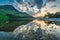 Breathtaking lake reflection at lake at sunset, England