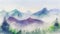 A breathtaking landscape illustration of a mountain range covered with a dense pine forest, with vibrant green trees and