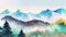 A breathtaking landscape illustration of a mountain range covered with a dense pine forest, with vibrant green trees and