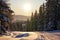 Breathtaking landscape of a snow-covered road under a majestic sunset sky