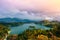 Breathtaking long exposure aerial panoramic view of Lake Bled, Slovenia, Europe(Osojnica)