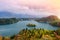 Breathtaking long exposure aerial panoramic view of Lake Bled, Slovenia, Europe (Osojnica)