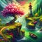 A breathtaking lush green landscape, with small blossoms tree, colorful lighthouse, boat, lake, fantasy art, wonderland, dreamlike