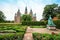 Breathtaking magical landscape with statue of Queen Caroline Amalie in the park of famous Rosenborg Castle in Copenhagen, Denmark