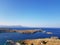 Breathtaking magnificent drone view of calm blue sea and small boats sailing on it on amazing sunny day.