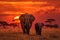 Breathtaking moment. graceful elephants roaming the serene african savannah at golden sunset