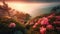 Breathtaking nature scenery during sunset. Incredible foggy morning in mountains with amazing rhododendron flowers. Generative ai