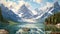 A breathtaking painting capturing the serene beauty of a mountain lake nestled among lush trees, lake and mountains, AI Generated