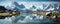 breathtaking panoramic shot of a serene alpine landscape, with snow-capped peaks, pristine glaciers panorama