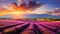 Breathtaking panoramic view of a stunning lavender field at sunset with vibrant colors