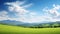 Breathtaking panoramic view of vast green fields and serene blue sky with white clouds