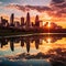 A breathtaking photo of a city skyline at sunset, with warm spring colors painting the sky