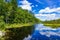 Breathtaking shot of a clear lake with the reflection of vibrant trees and the blue sky