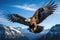 A breathtaking shot of a golden eagle soaring high above snow-capped peaks, its wings outstretched in majestic flight. Generative