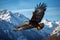 A breathtaking shot of a golden eagle soaring high above snow-capped peaks, its wings outstretched in majestic flight. Generative