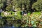 A breathtaking shot of a a stone bridge over a like with deep green lake water and lush green trees reflecting off the lake with b