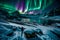 The breathtaking sight of green and purple aurora borealis dancing in the night sky above snow-covered mountain peaks,