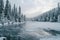 A breathtaking sight of a pristine lake enveloped by snow-laden trees, creating a peaceful winter wonderland, A frozen lake