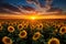 A breathtaking sight of a vast field of sunflowers with the sun setting in the background, A sunflower field stretching into the