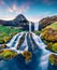 Breathtaking summer sunrise on Sheep`s Waterfall. Stunning morning scene of Iceland, Europe.