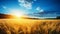 Breathtaking sunrise over serene countryside, vibrant wheat fields, fluffy clouds, clear blue sky